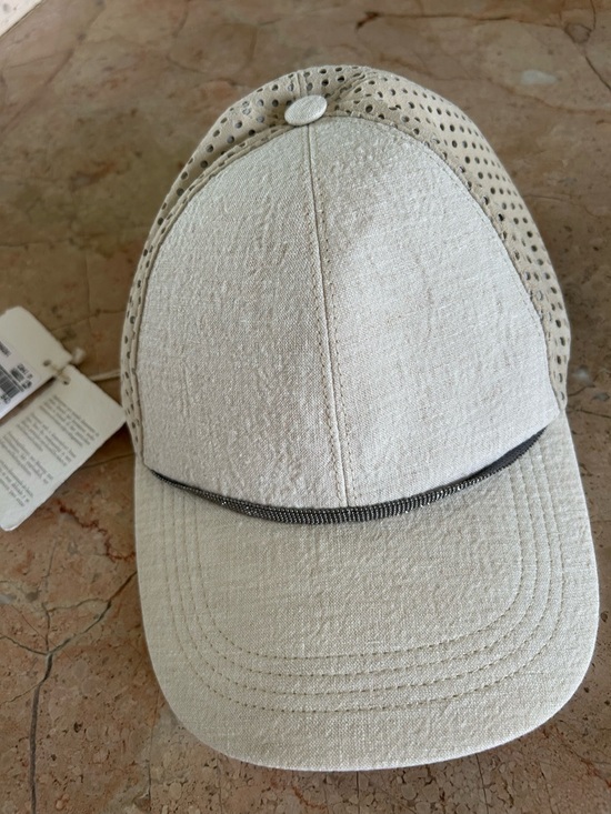 Brunello Cucinelli Accessories - Brunello Cucinelli Gray Tan Perforated Panel Baseball Cap with monili beading
